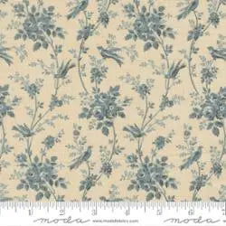 Fleur De Paris Pearl French Blue Floral Birds Fabric Yardage by United Notions features beige quilting cotton with repeating blue birds on leafy, flowering branches. A ruler at the bottom shows the fabric's scale.