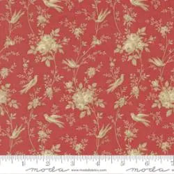 Fleur De Paris Garance Floral Birds Fabric Yardage by United Notions features a vintage French red background with cream birds, roses, and leafy florals. Includes a ruler marking inches and the Moda Fabrics logo—ideal for quilting floral projects.