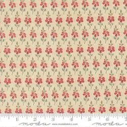 Fleur De Paris Pearl Checks and Plaids Floral Fabric Yardage by United Notions features cream quilting cotton with small red flowers and green leaves in neat rows. The fabric image includes a ruler at the bottom for inch scale.