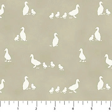 Tiny Waddles Green Ducklings Fabric by Northcott - Figo features green fabric with white ducklings in groups. Perfect for baby quilts; a ruler at the bottom shows measurements in inches from 0 to 6.