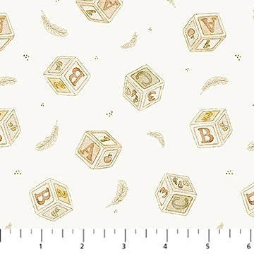 Tiny Waddles Cream Blocks Fabric Yardage by Northcott - Figo features illustrated alphabet and number blocks, feathers, and dots on a soft beige background. 100% cotton quilt fabric in gold and brown tones; ruler in image shows inches for scale.