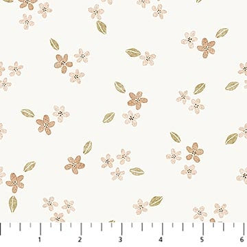 Tiny Waddles Cream Floral Fabric Yardage by Northcott - Figo features scattered small brown and peach flowers with green leaves on cream 100% cotton—ideal for baby quilts. Includes ruler for inch measurements.