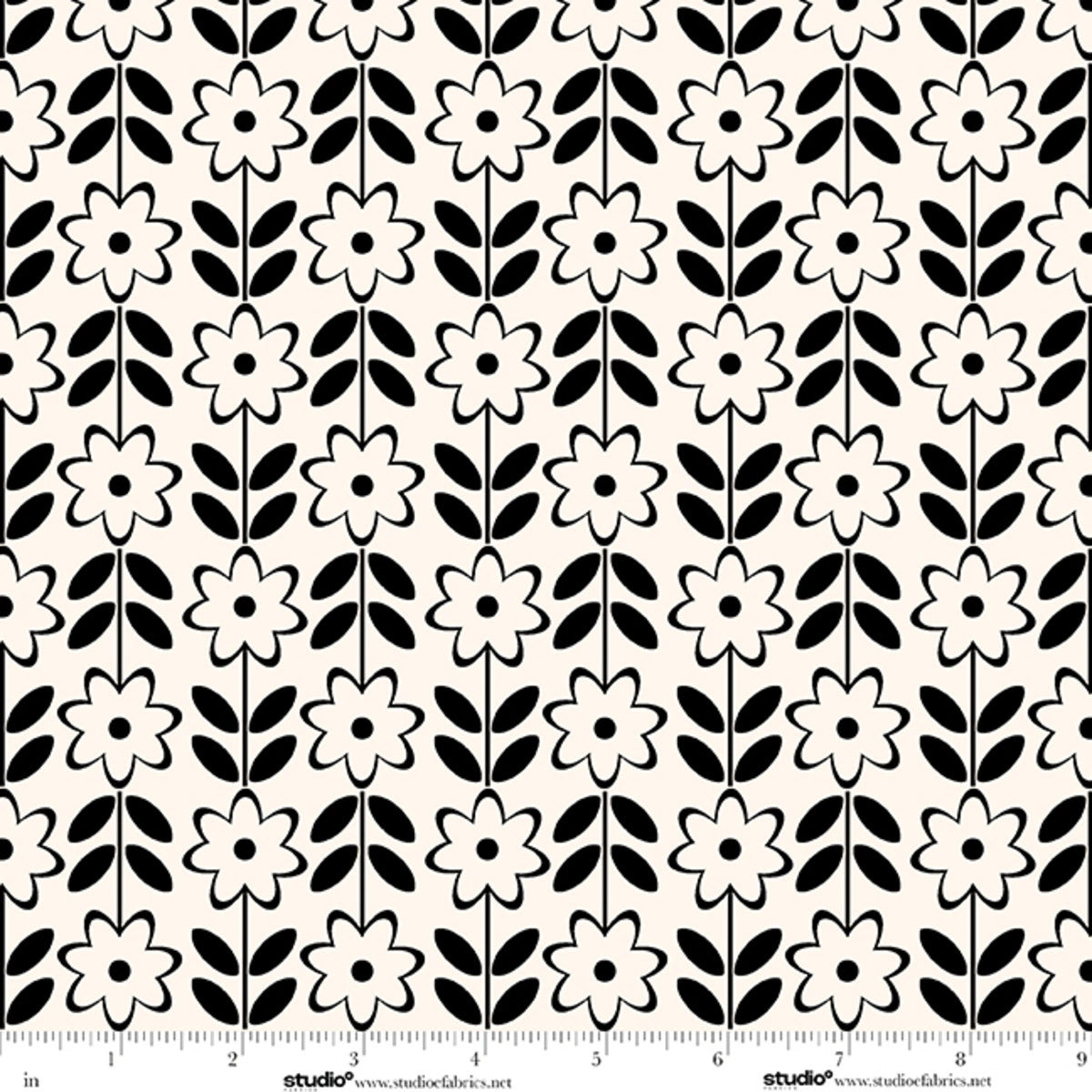 Monochrome Muse Ebony on Porcelain Floral Stripe Fabric Yardage - black and white floral stripe quilting fabric