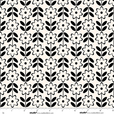 Monochrome Muse Ebony on Porcelain Floral Stripe Fabric Yardage