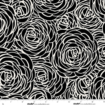 Monochrome Muse Porcelain on Ebony Peony Swirl Fabric Yardage