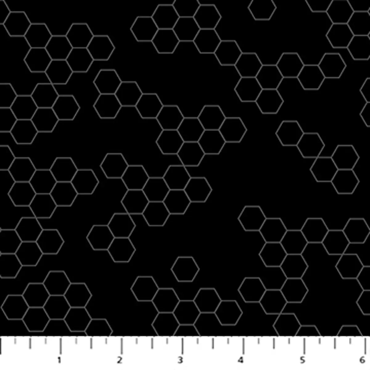A black background with white hexagons and clusters. A white ruler at the bottom marks inches 1–6. The Dusk Black Grey Hexies Fabric Yardage is a modern blender, perfect for quilting cotton projects.