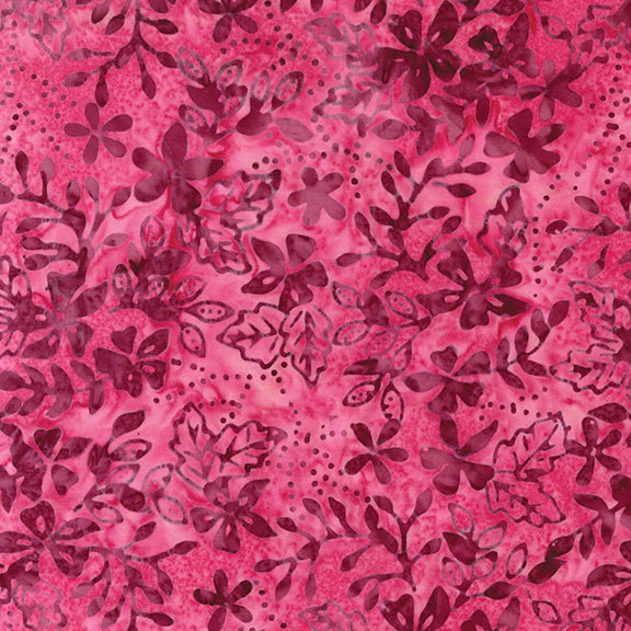 Floral Sprigs Cranberry Fabric Yardage features a vibrant cranberry hue with a batik pattern of dark pink and maroon floral and leaf motifs, scattered dots, and intricate ditsy detailing.