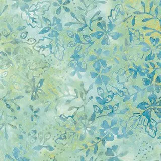 Paisley Aqua/Kiwi Fabric Yardage features a watercolor-style pattern with blue and green leaves, flowers, and abstract shapes on a light background for a soft, organic Benartex or paisley-inspired look.