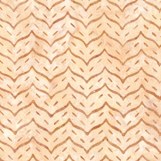 Chevron Wave Peach Kiss Fabric Yardage features a repeating zigzag chevron pattern in warm beige and tan tones, with wavy lines and dash marks for a textured, hand-drawn look. Soft, organic, and slightly irregular style.
