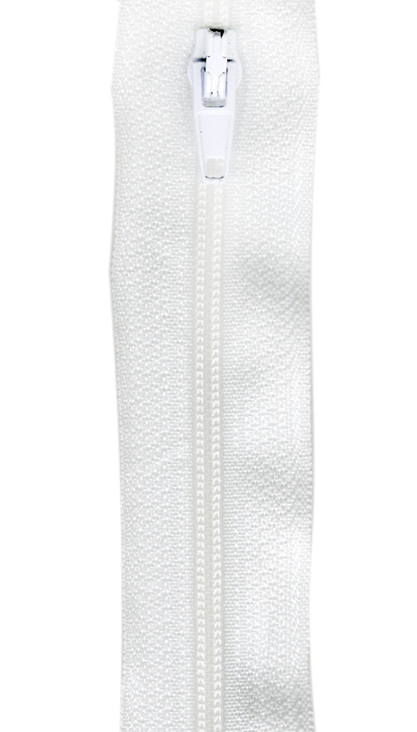Close-up of the Make-A-Zipper Regular White (5.5 yards, 12 zipper pulls) showing the closed tape, teeth, and pull tab against a white background—perfect for sewing projects or cutting custom lengths from the zipper roll.