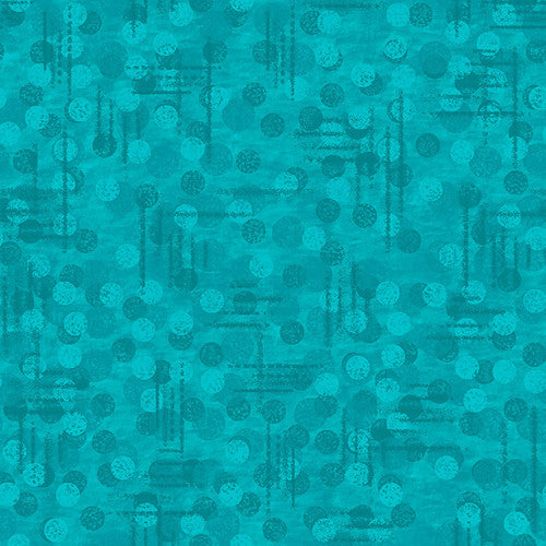 Jot Dot Teal Tonal Texture Fabric Yardage features a teal abstract pattern with scattered dots and intersecting blue lines, creating a textured, layered effect—perfect for quilting projects by the yard.