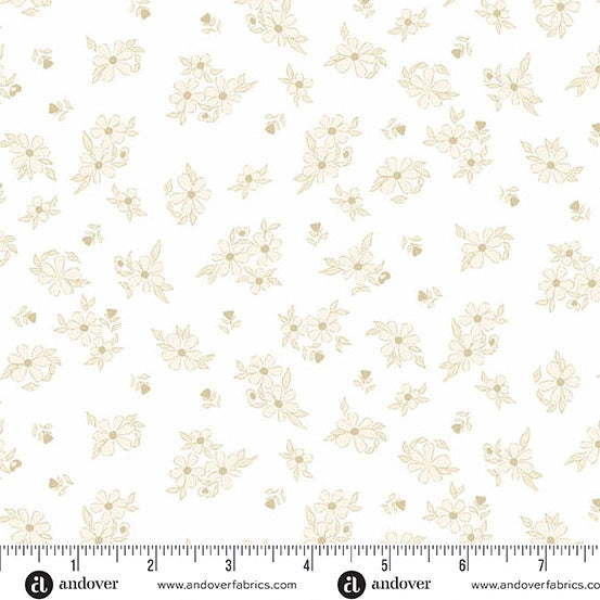 Color Me Whispered Cream Treasure Blooms by Andover features a beige floral print with small flowers and leaves on white. This premium cotton yardage is perfect for quilting. Ruler at the bottom shows scale in inches, labeled “Andover.”.