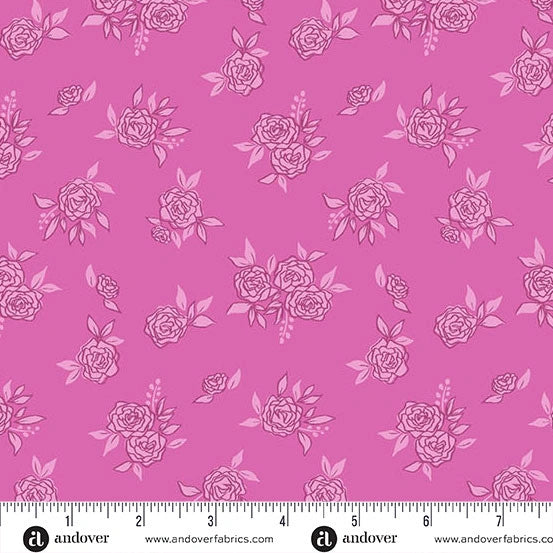 Color Me Whispered Magenta Rosy Haze Fabric Yardage by Andover features premium pink cotton with outlined rose bouquets in lighter pink. Solid background, ruler in inches shown—ideal quilting fabric for your creative projects.