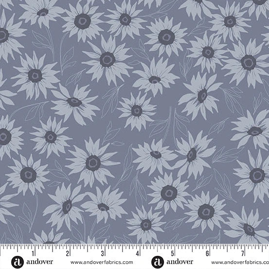 Color Me Whispered Dark Gray Marguerite Mist fabric by Andover features a light gray sunflower and leaf pattern on quilting cotton. An inch ruler at the bottom shows scale; this design is part of the Color Me Whispered collection.