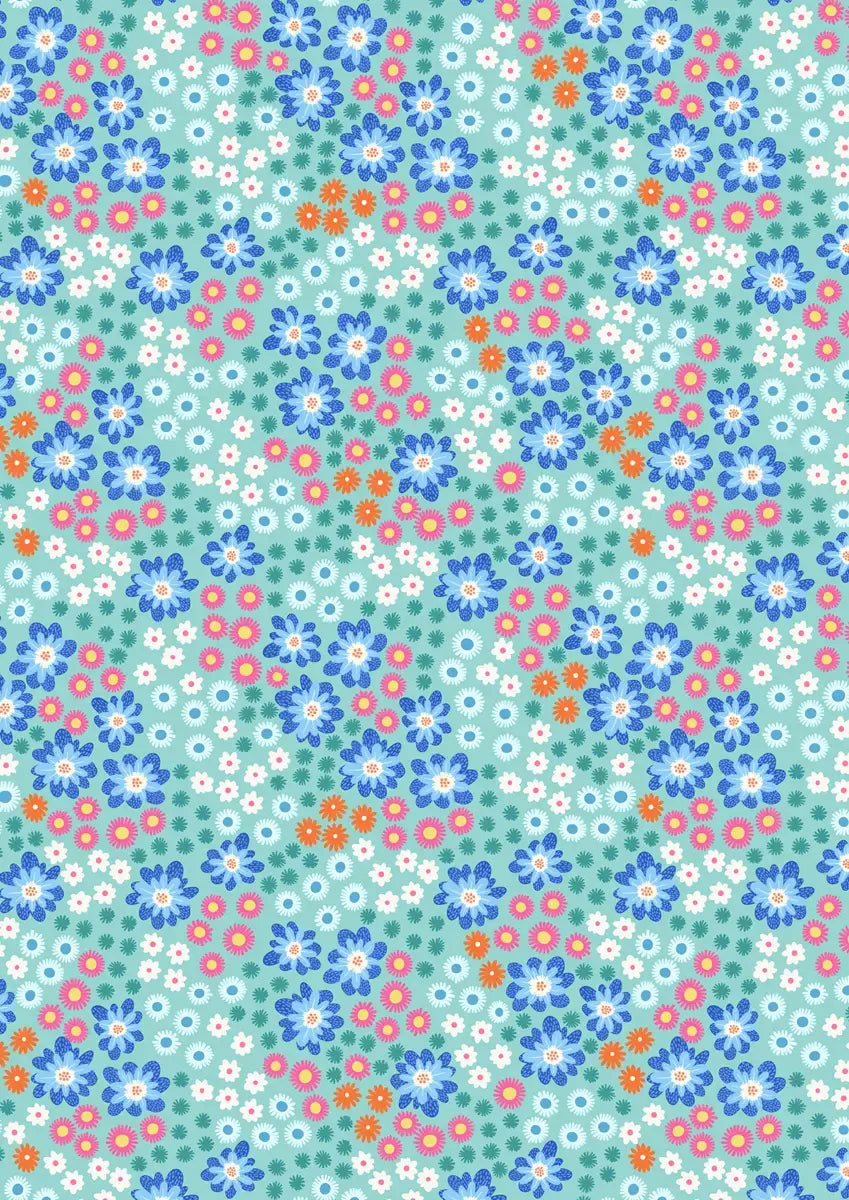 Creative Landscapes Turquoise Dotty Flowers Fabric Yardage features a seamless vintage-inspired pattern of blue, orange, pink, and white flowers on a light green background for a vibrant, playful look.