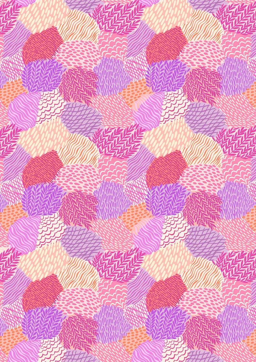 Creative Landscapes Pinks and Purples Textures Fabric Yardage features abstract overlapping organic shapes in pink, purple, peach, and orange tones with wavy, zigzag, and line textures—ideal for vibrant textured fabric projects.