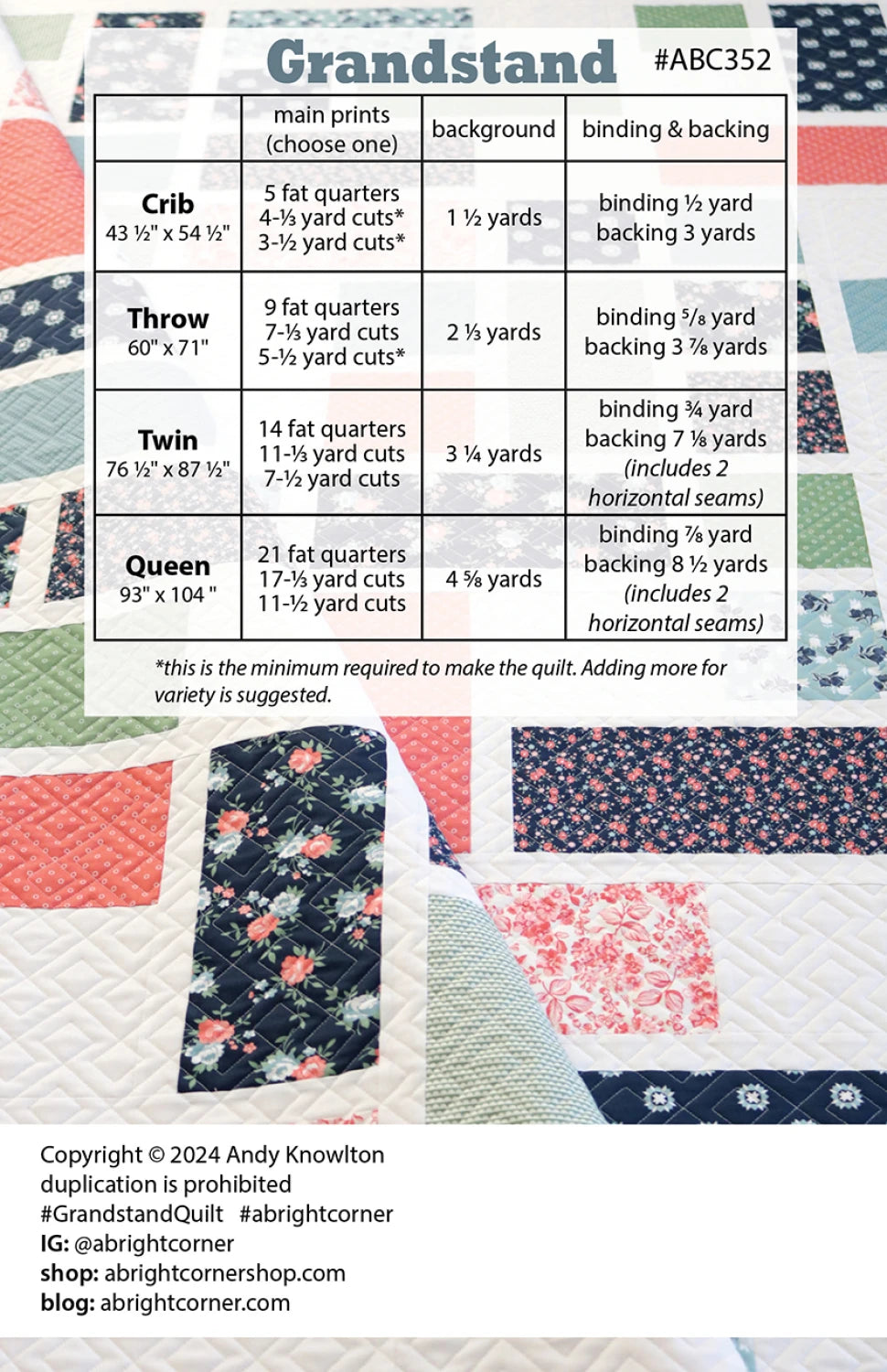 Quilt fabric requirements chart for crib, throw, twin, and queen sizes, shown with pink, blue, and floral samples from Checker Distributor’s Grandstand Quilt Pattern booklet at the bottom.