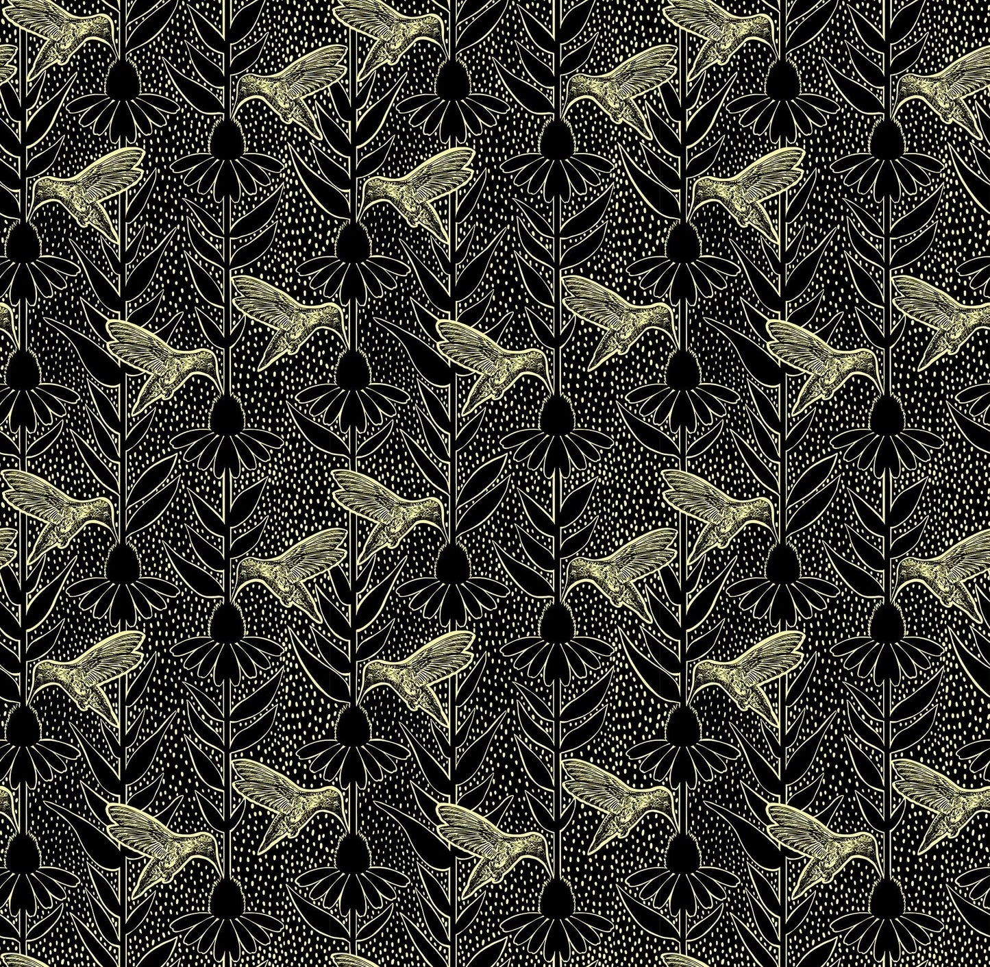 Indelible Ink Black Humming Fabric Yardage - quilt fabric for sewing and quilting projects
