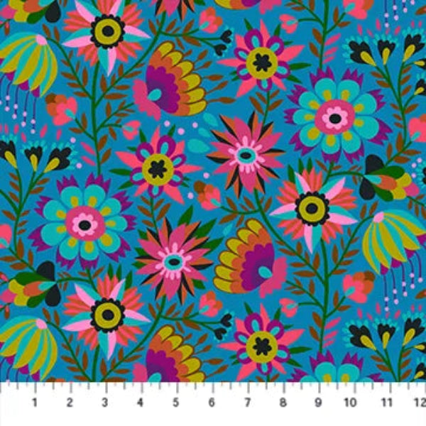 Allegory Lush Flowers on Teal Fabric Yardage