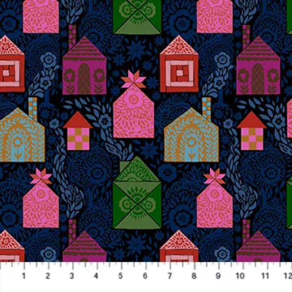 Allegory Lush Houses on Black Fabric Yardage