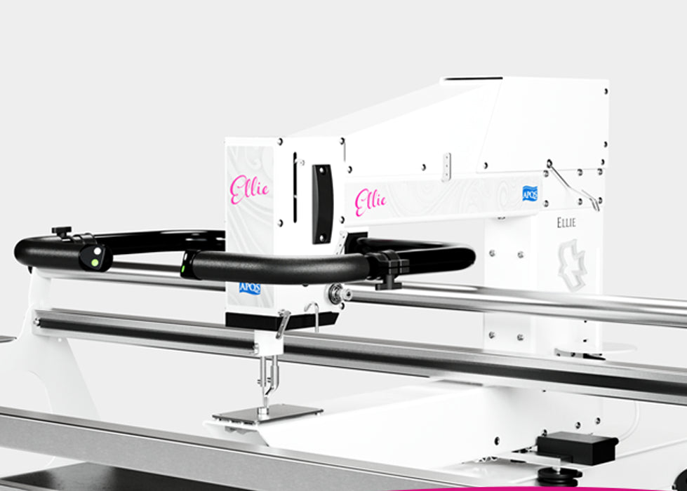 A close-up of the APQS Ellie 18" Long Arm Quilting Machine shows its black handlebars and metal rails, labeled "Ellie," set against a plain gray background.