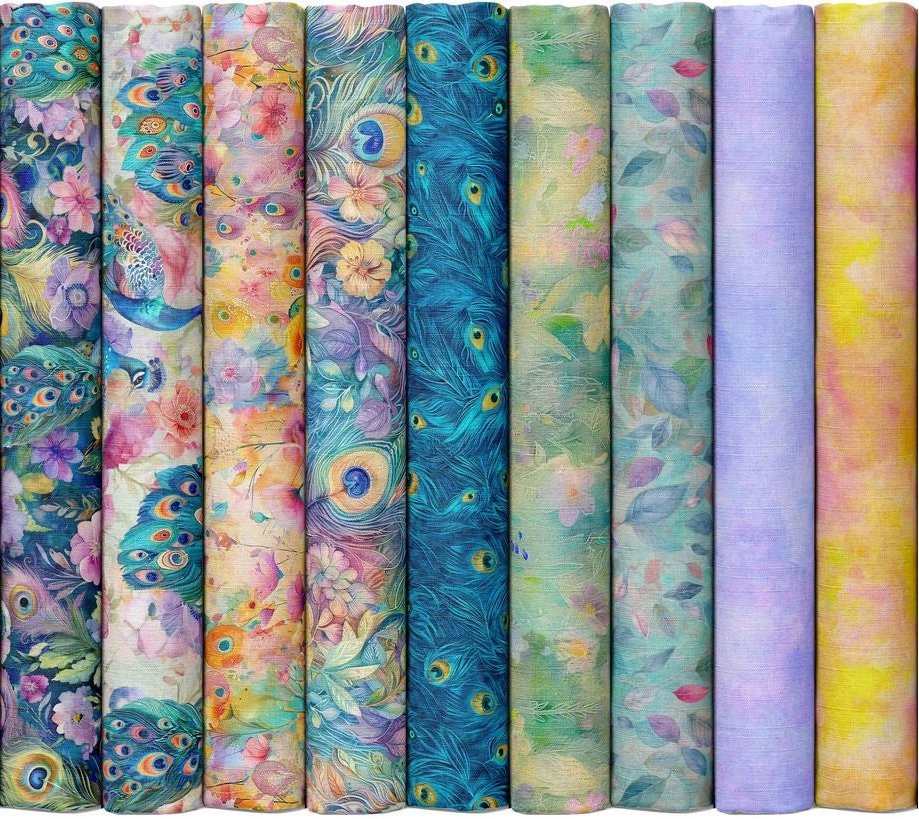 The Timeless Treasures Wild Beauty Half Yard Bundle includes 12 pastel patterned fabrics with florals, peacock feathers, and watercolor textures, all arranged vertically side by side.
