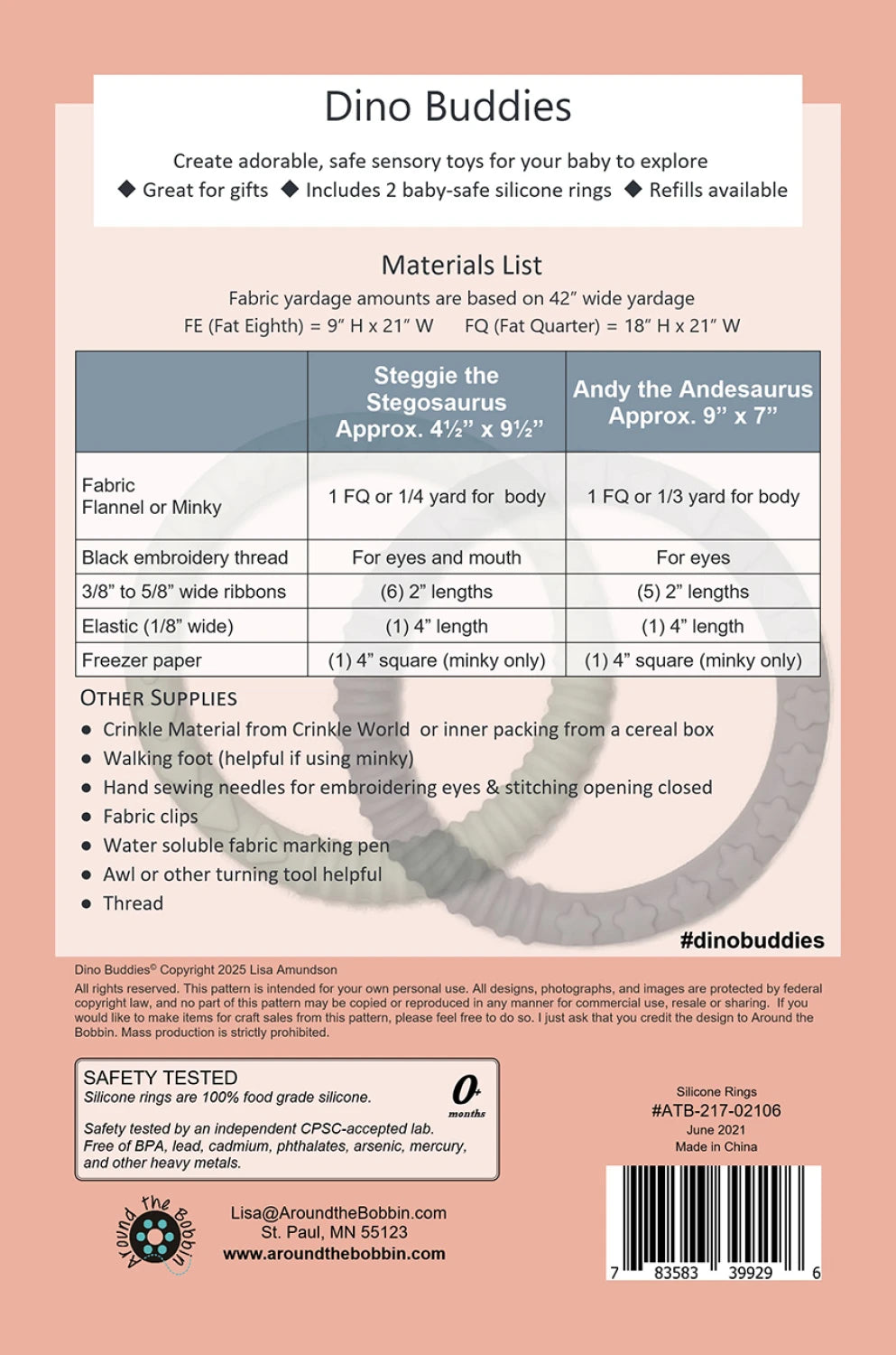 Instruction sheet for the Dino Buddies Pattern by Checker Distributor, listing materials like baby-safe silicone rings, fabric sizes, embroidery thread to make Steggie the Stegosaurus and Andy the Andesaurus—plus safety tips and contact info.