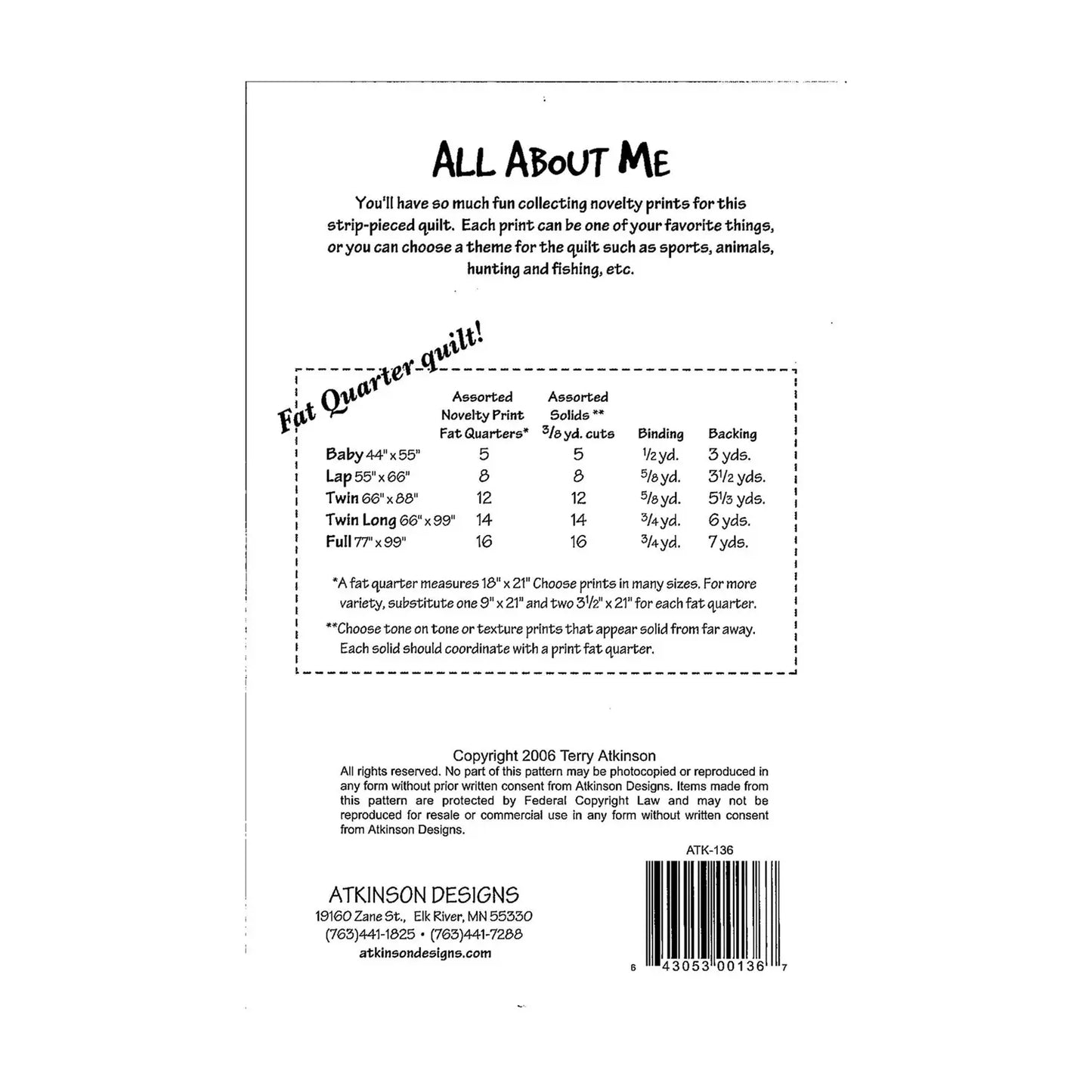 The All About Me Quilt Pattern includes a black and white instruction sheet with quilt size charts, fabric requirements, fat quarter quilt notes, strip pieced pattern details, designer info, contact details, and copyright notice.