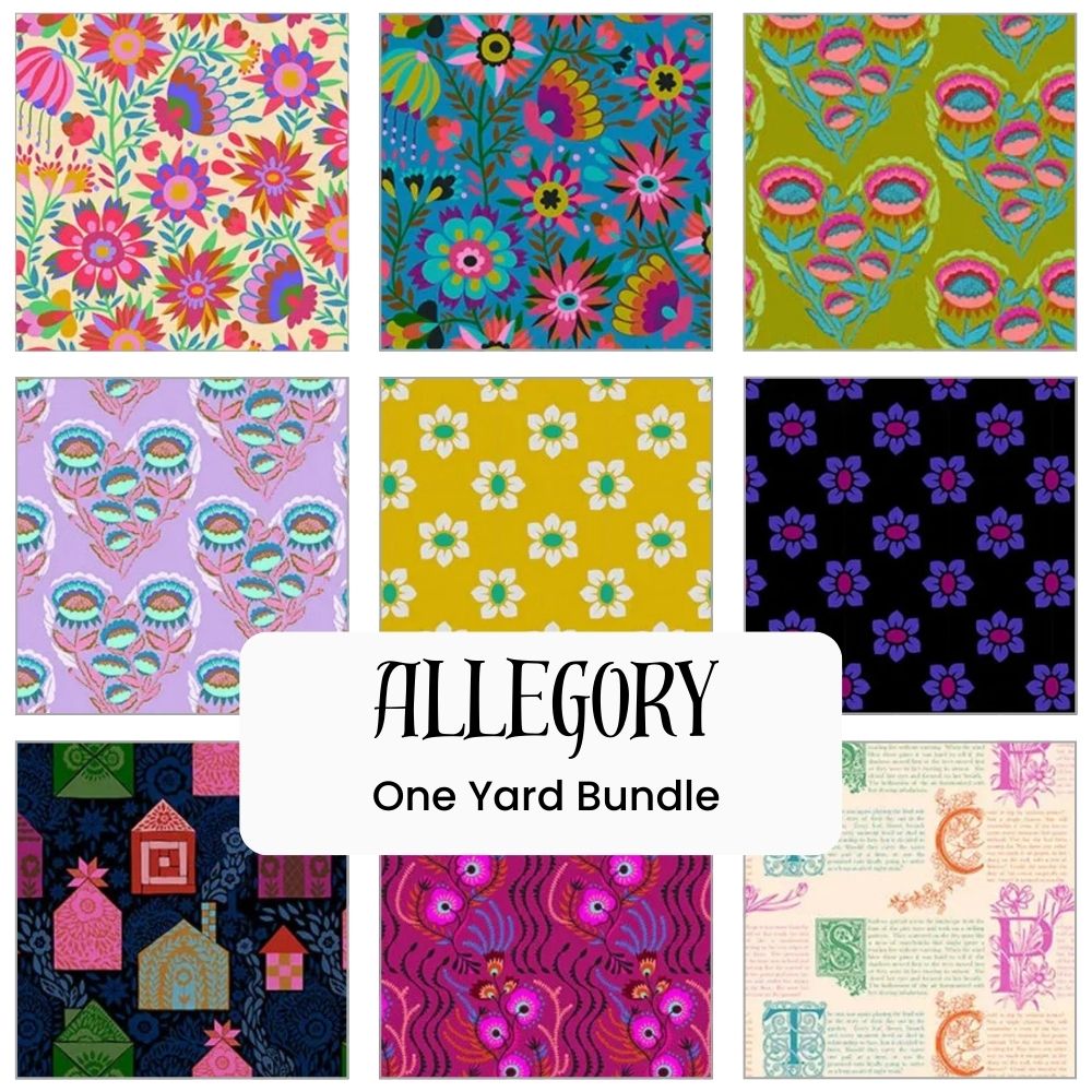 Nine vibrant fabric patterns with floral, paisley, owl, and house motifs surround a central white box labeled Quilted Joy Allegory One Yard Bundle—ideal for Quilt Fairies looking for creative inspiration.