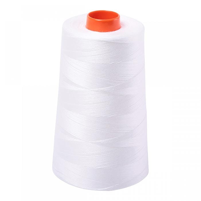 A large cone of Aurifil Thread 50wt Cotton 2021 Natural White (6452yds), featuring a glossy finish and orange-topped core, is displayed against a plain white background.