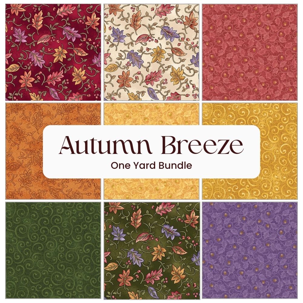 Nine autumn-themed Benartex fabric swatches with floral and swirl designs are shown in rich hues. Center text: “Autumn Breeze One Yard Bundle”—ideal for cozy quilts and seasonal crafts.