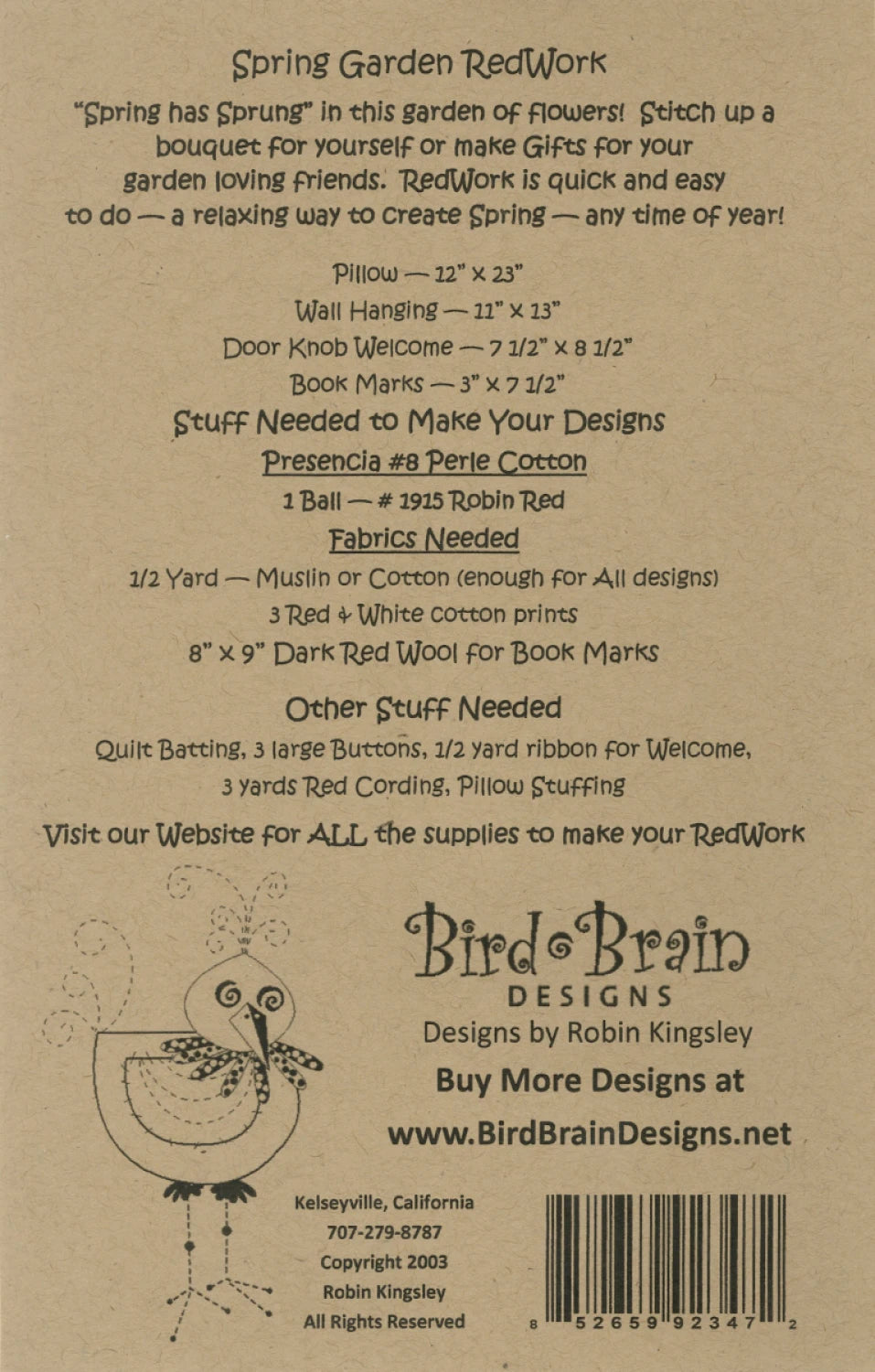 The Spring Garden Redwork Quilt Pattern by Checker Distributor lists required threads, fabrics, ribbons, and buttons for a floral quilt. Includes contact information and website details.