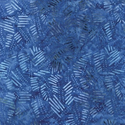 Dashes Blue Fabric Yardage features a blue pattern with short, parallel white lines and small dot clusters, creating a textured, layered look—perfect for adding visual interest to your projects.