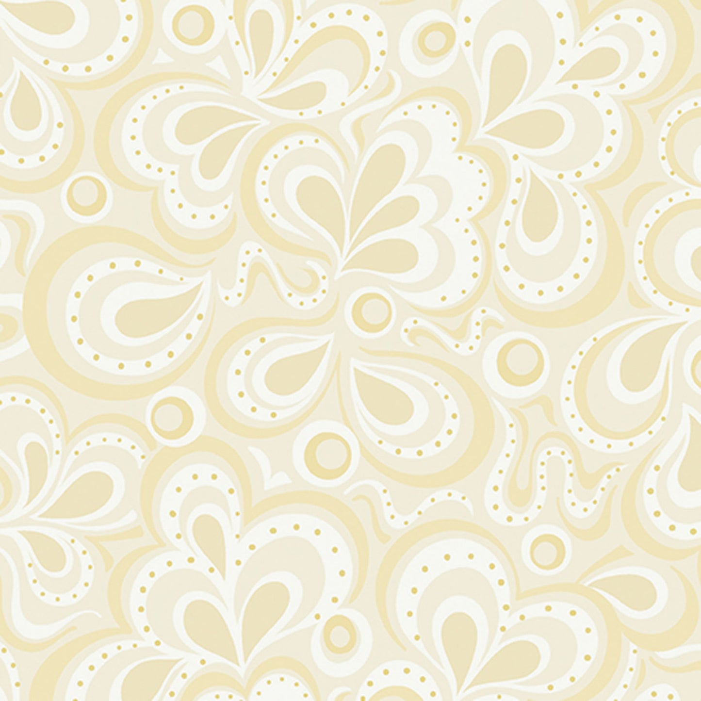 Moonlight Serenade Cream 108" Wide Quilt Backing Fabric by Benartex features an abstract cream and beige paisley pattern with white and gold dotted accents, creating a soft, harmonious design of flowing swirls and curves.