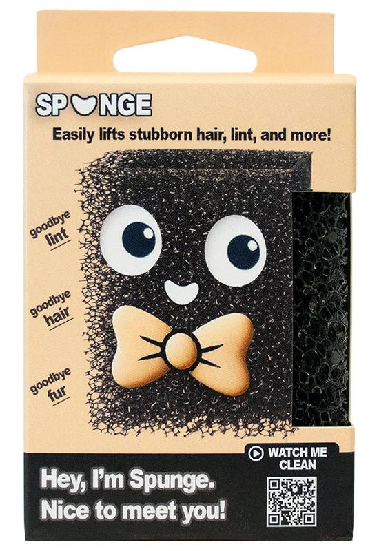 Spunge is a cleaning sponge with a cartoon face and orange bowtie, ideal for sewing tools or cutting mats. Label says: "Hey, I'm Spunge. Nice to meet you!" and "Easily lifts stubborn hair, lint, and more!.