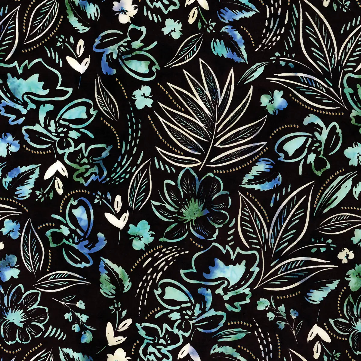 Expressions Batiks Chalk & Charcoal Stardust Splash Fabric Yardage features a vivid batik-inspired pattern of blue, green, and teal floral and leaf shapes with white outlines on black—perfect for quilting and creative projects.