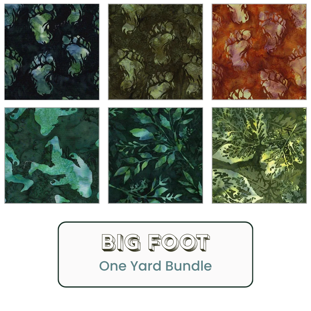The Big Foot Batiks One Yard Bundle - PRESALE by Hoffman Fabrics features six fabric squares with Bigfoot-themed prints in earthy greens, browns, and oranges. Secure your bundle now during the presale!.