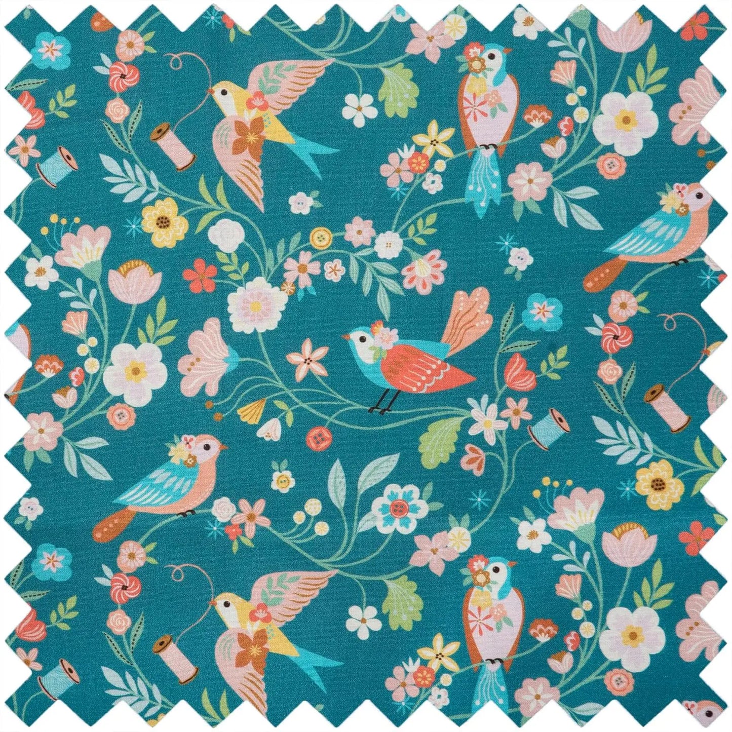 The Bird Aviary Large Project Pouch features a square teal fabric with zigzag edges and a vibrant bird aviary pattern of flowers, leaves, and spools in pink, yellow, orange, and blue—ideal for storing your large projects.