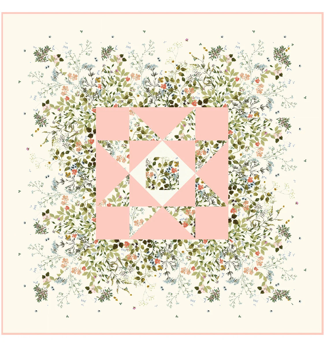 The Northern Medallion Quilt Kit by Quilted Joy features a square design with a pink geometric center, delicate green foliage, and small flowers on a cream background—an ideal handmade quilt gift.