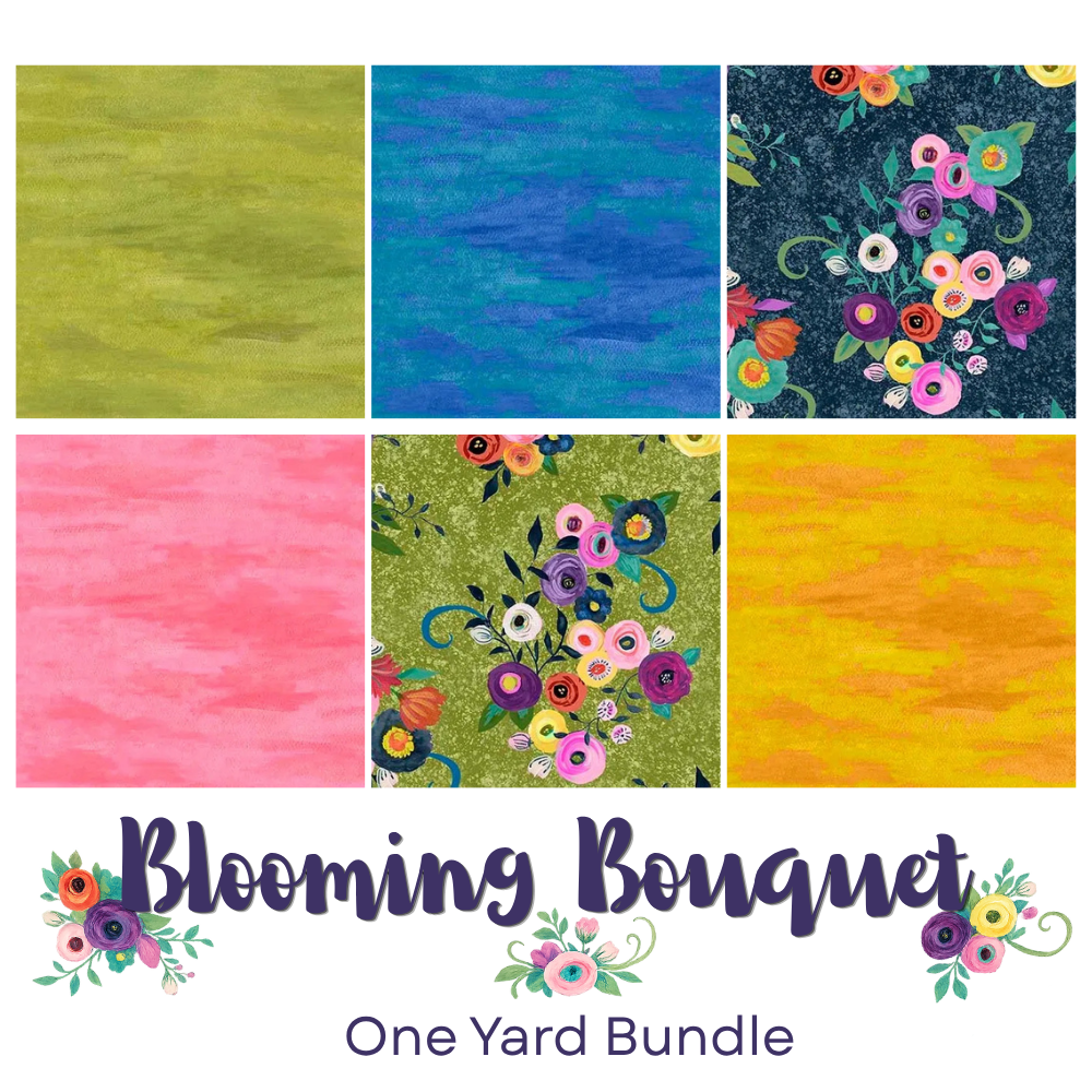Six fabric squares in colorful floral prints from QT Fabrics are arranged in two rows. Below, the text "Blooming Bouquet One Yard Bundle" highlights this floral quilting fabric set, with flower graphics accenting the name.
