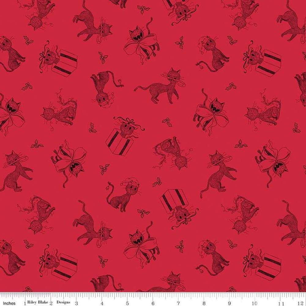 Christmas With Scaredy Cat Toss Red Fabric Yardage Product Photo