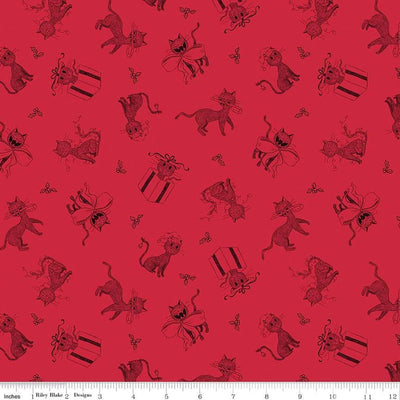 Christmas With Scaredy Cat Toss Red Fabric Yardage