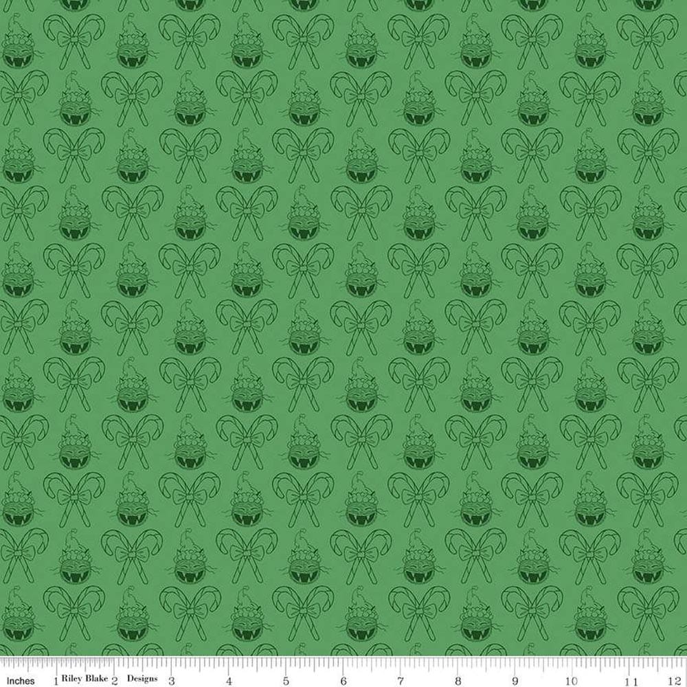 Christmas With Scaredy Cat Cat And Canes Green Fabric Yardage Product Photo