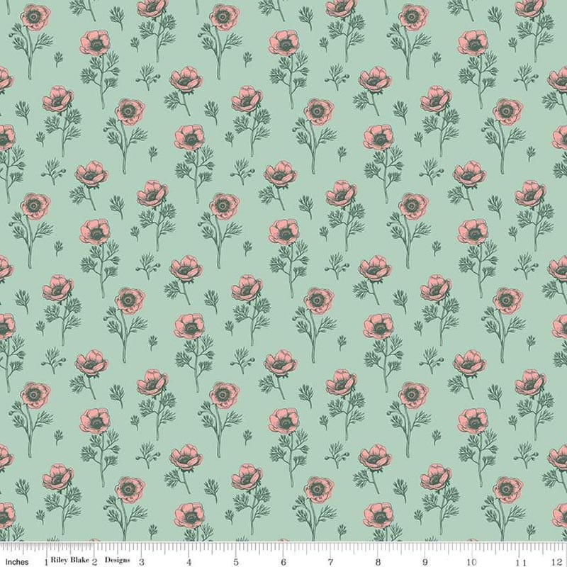 Porch Swing Botanical Anemones Mint Fabric Yardage