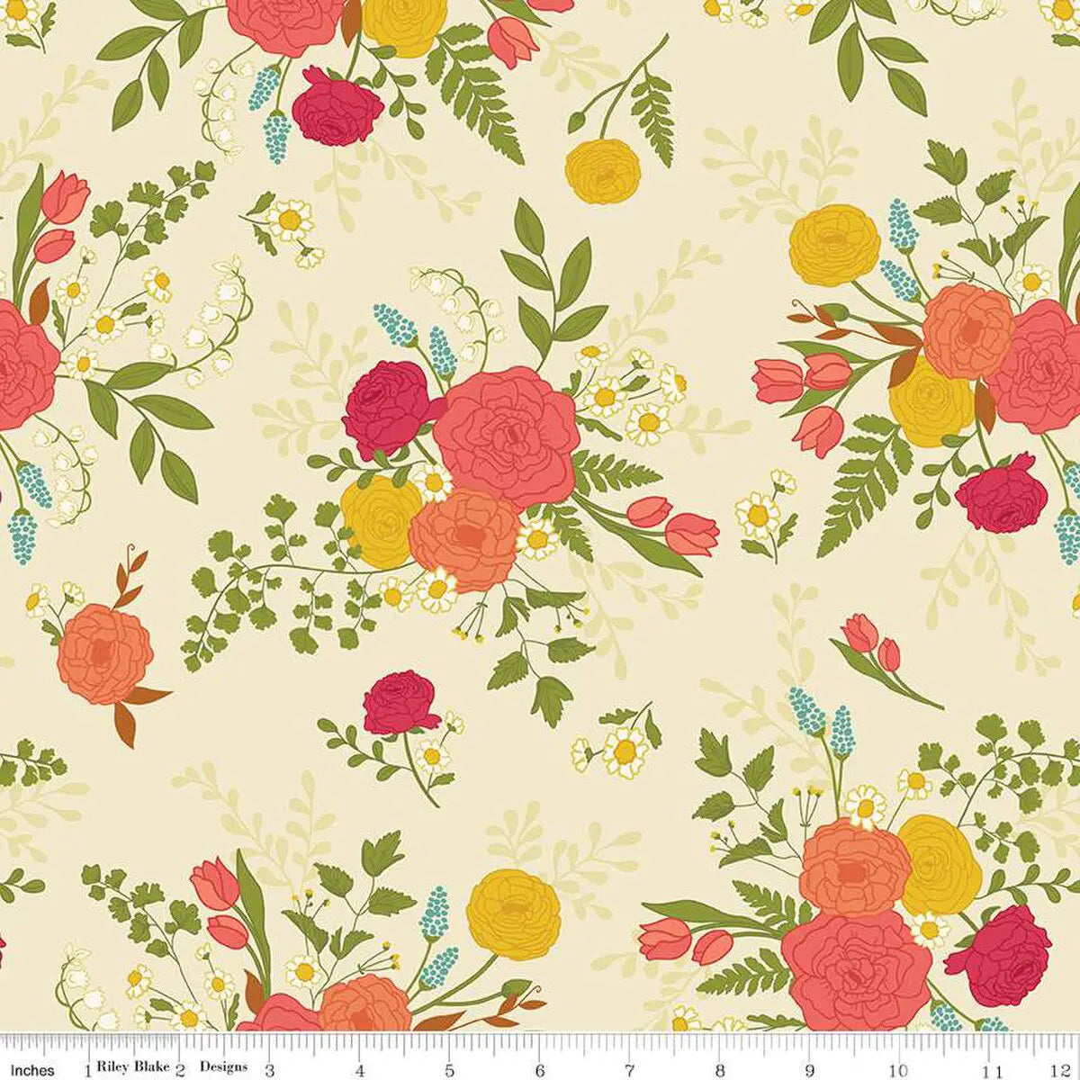 First Blooms Vanilla Main Fabric Yardage features clusters of red, pink, yellow, and orange flowers with green leaves and small white blossoms on a light cream background. A ruler in inches appears at the bottom. From Riley Blake Designs' First Blooms collection.