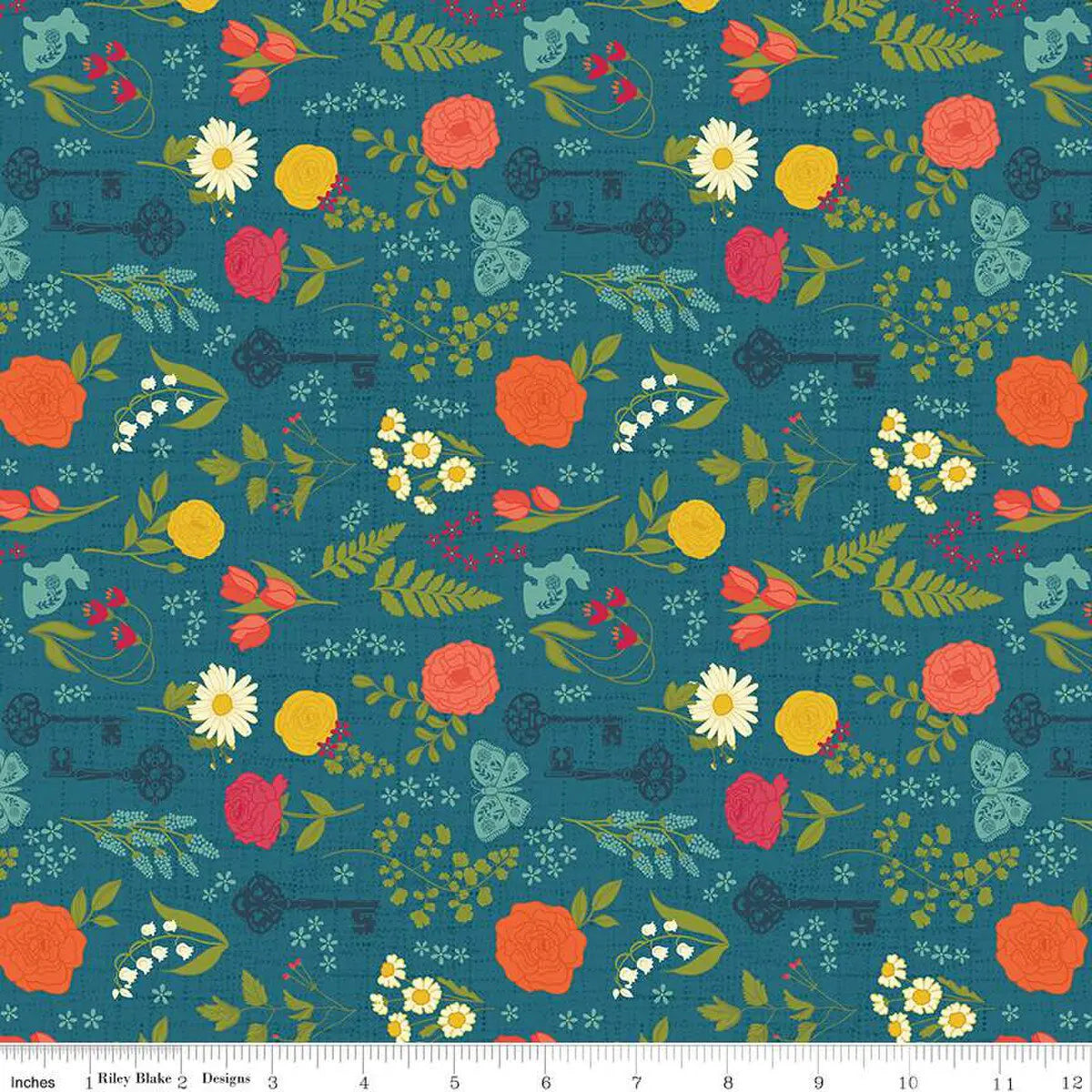 First Blooms Denim Pressed Flowers Fabric Yardage