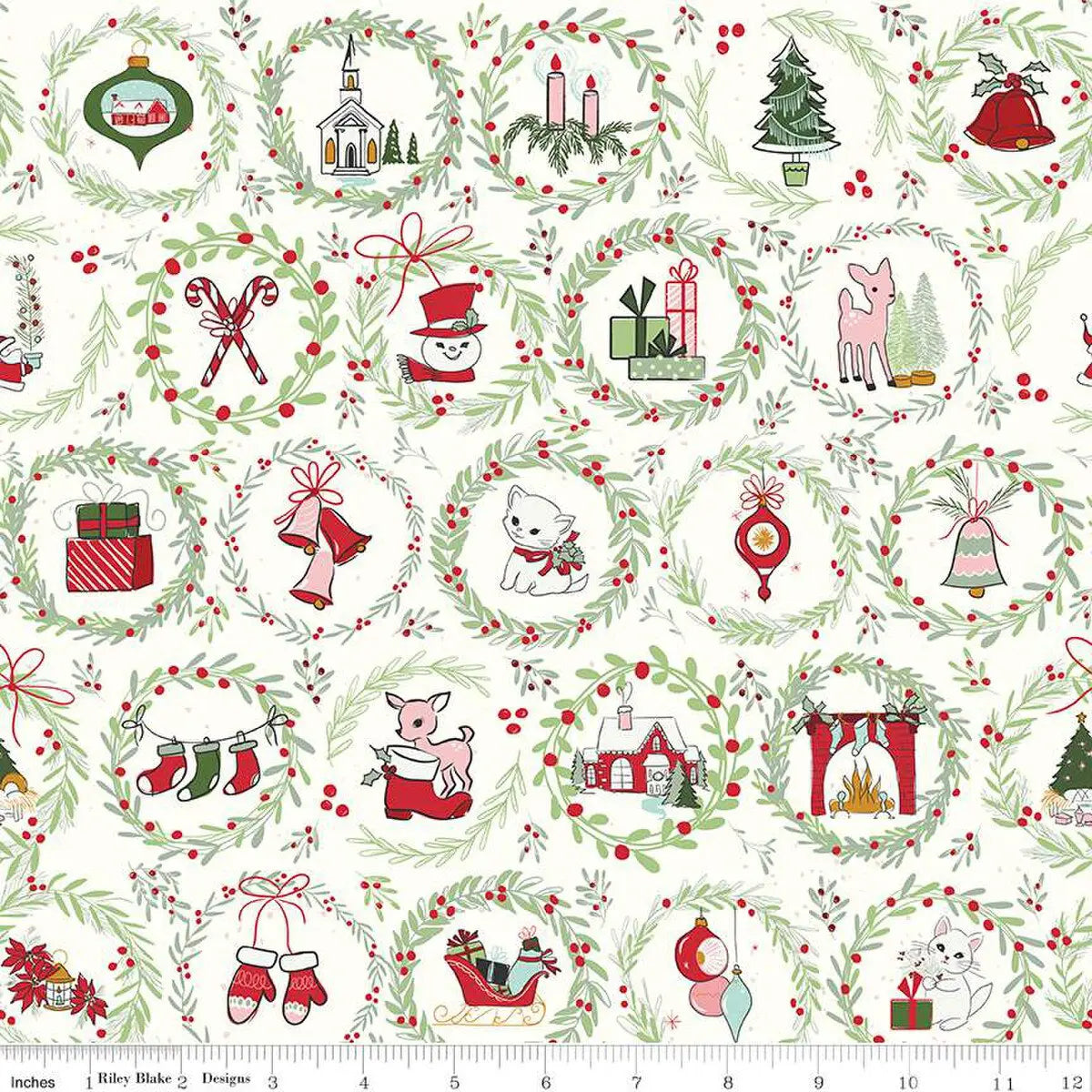 Mistletoe & Holly Cloud Wreaths Fabric Yardage