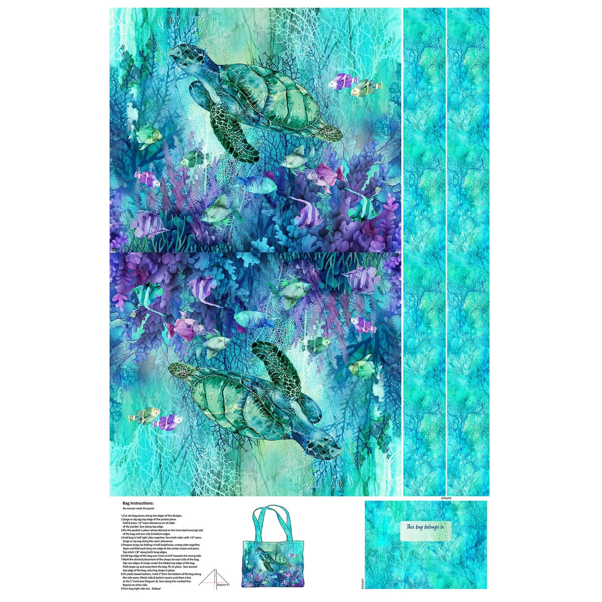 Coral Reef Turquoise Multi Canvas Bag Panel - quilt fabric panel for quilting projects