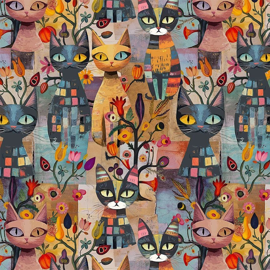 Feline Folk bright packed cats and floral fabric yardage quilting
