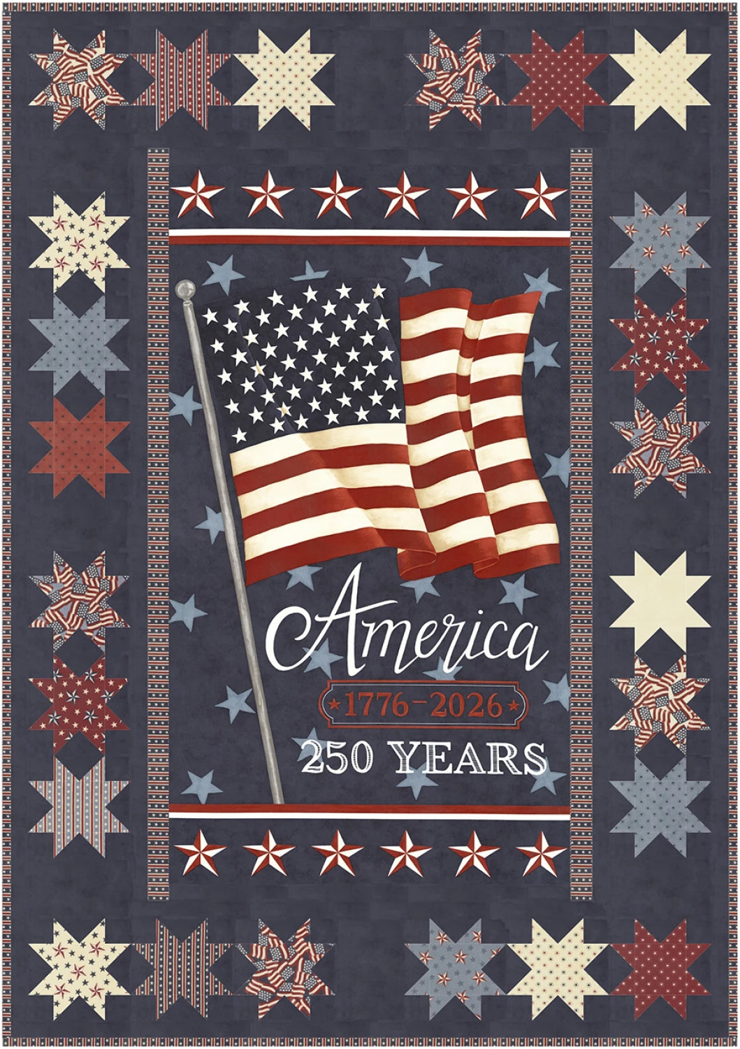 The Celebrating 250 Years Navy Quilt Kit by Quilted Joy features a stars-and-flag patriotic design with "America 1776–2026, 250 Years" in bold red, white, and blue—perfect for honoring America’s heritage.